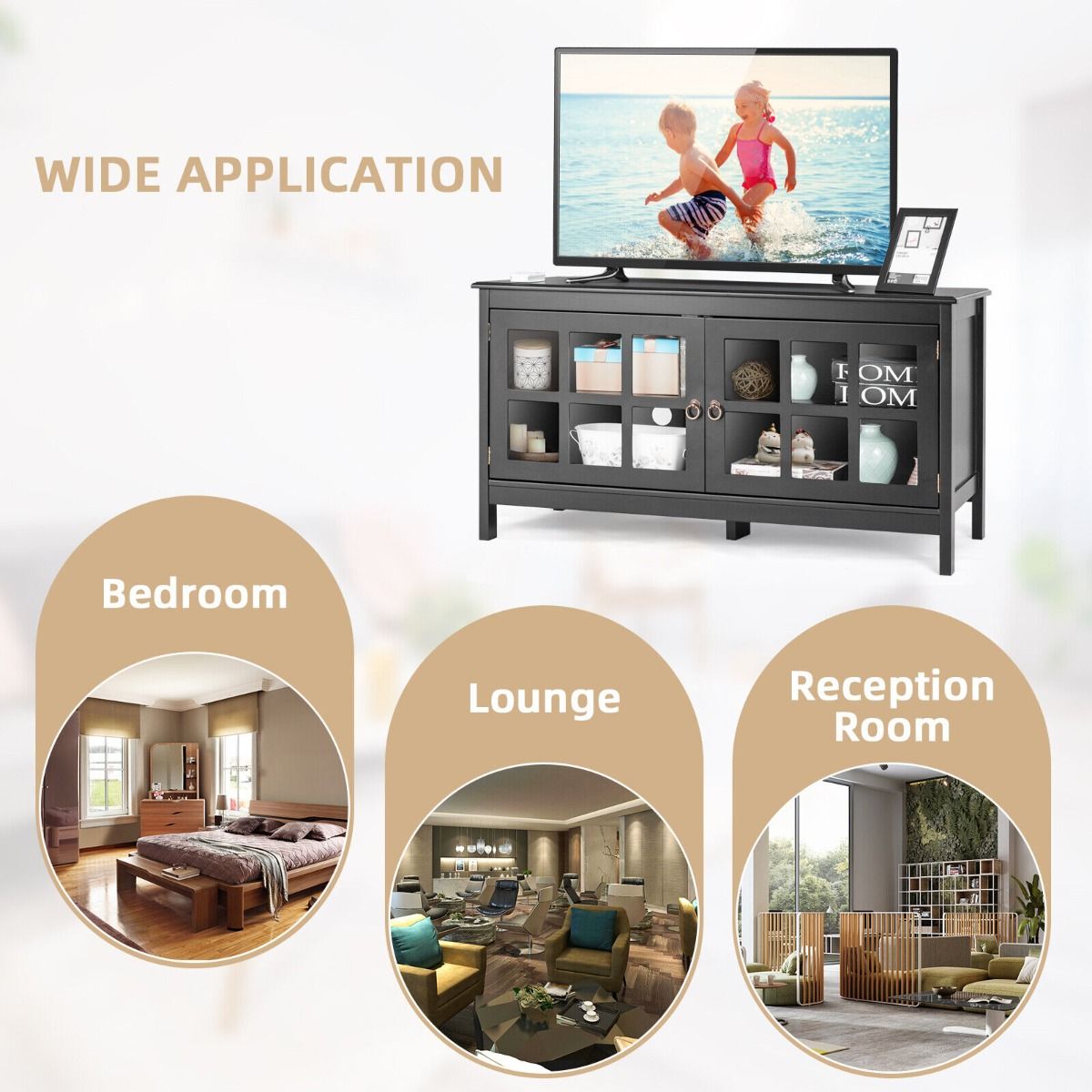 Modern Wooden TV Stand with Tempered Glass Doors for TVs up to 50inch